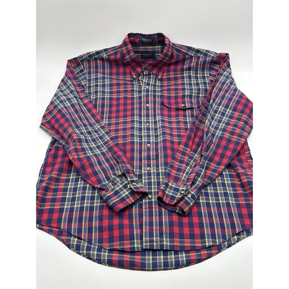 Gant Mens Foxhunt Plaid Button Down Shirt Red Navy Blue Long Sleeve Size L